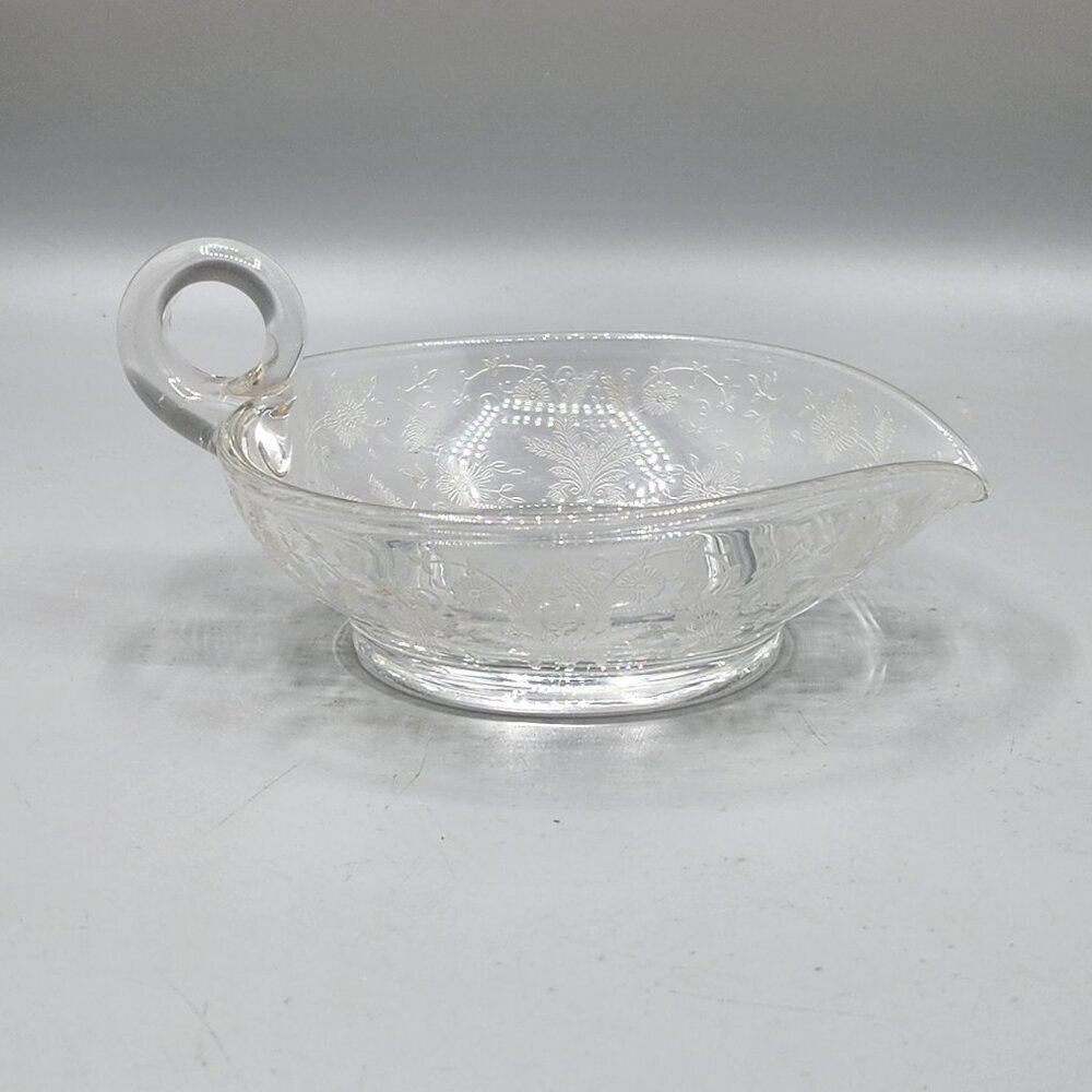 Clear Floral Etched Pouring Dish Finger Handle Small Cottage Garden Gravy Sauce
